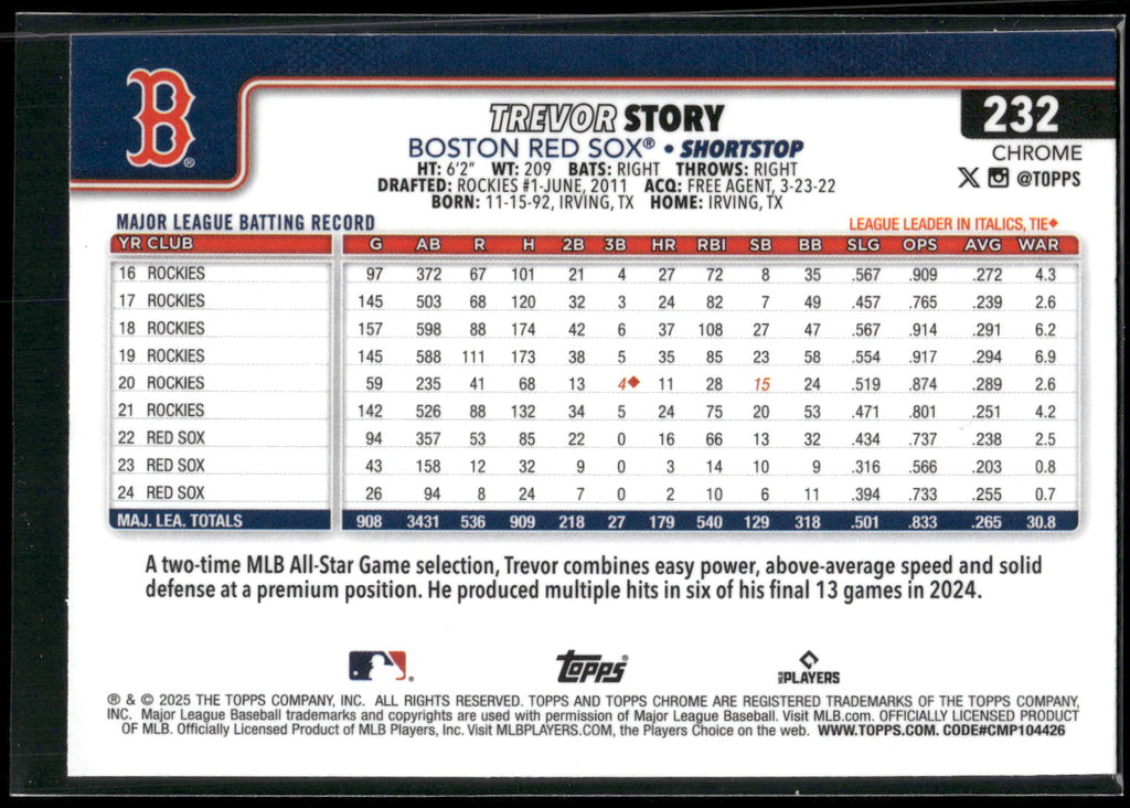 2025 Topps Chrome #232 Trevor Story X-Fractors