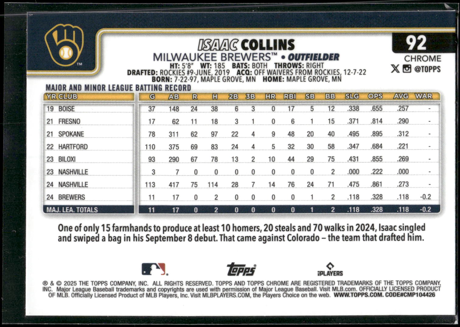 2025 Topps Chrome #92 Isaac Collins X-Fractors