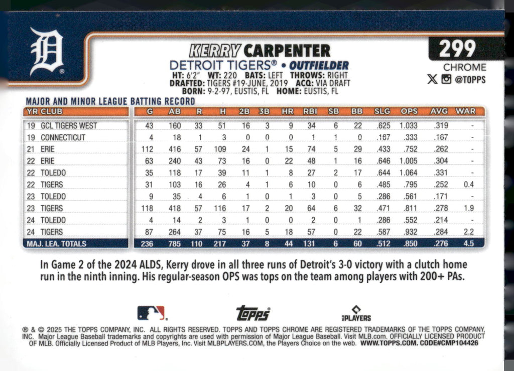 2025 Topps Chrome #299 Kerry Carpenter X-Fractors