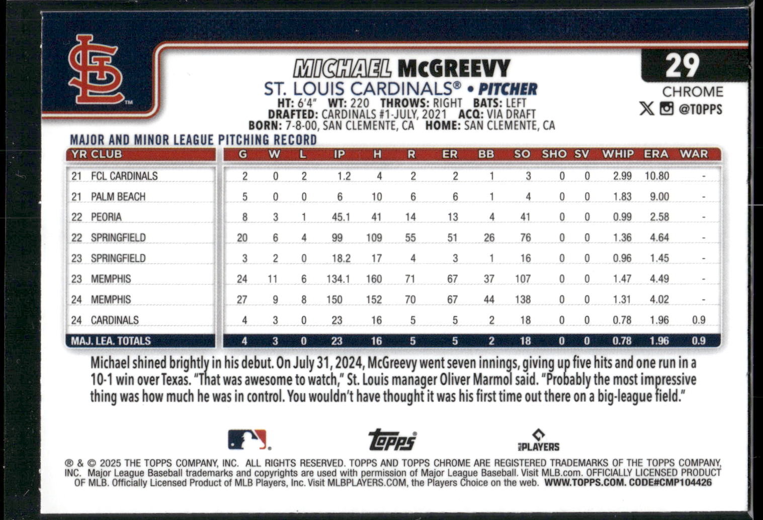 2025 Topps Chrome #29 Michael McGreevy X-Fractors