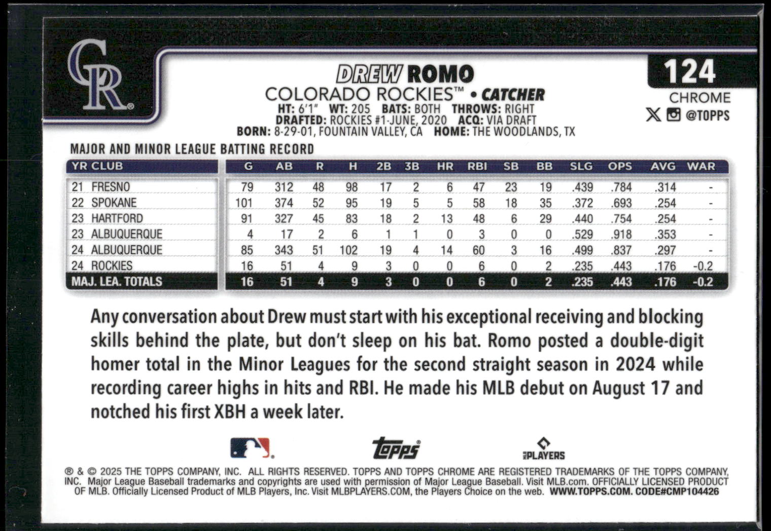 2025 Topps Chrome #124 Drew Romo X-Fractors
