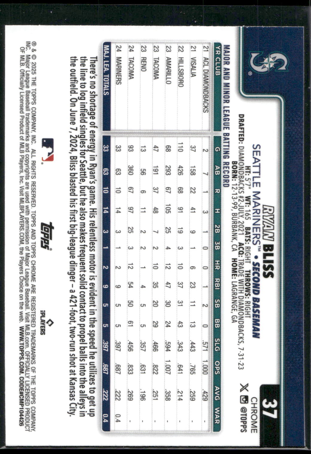 2025 Topps Chrome #37 Ryan Bliss X-Fractors