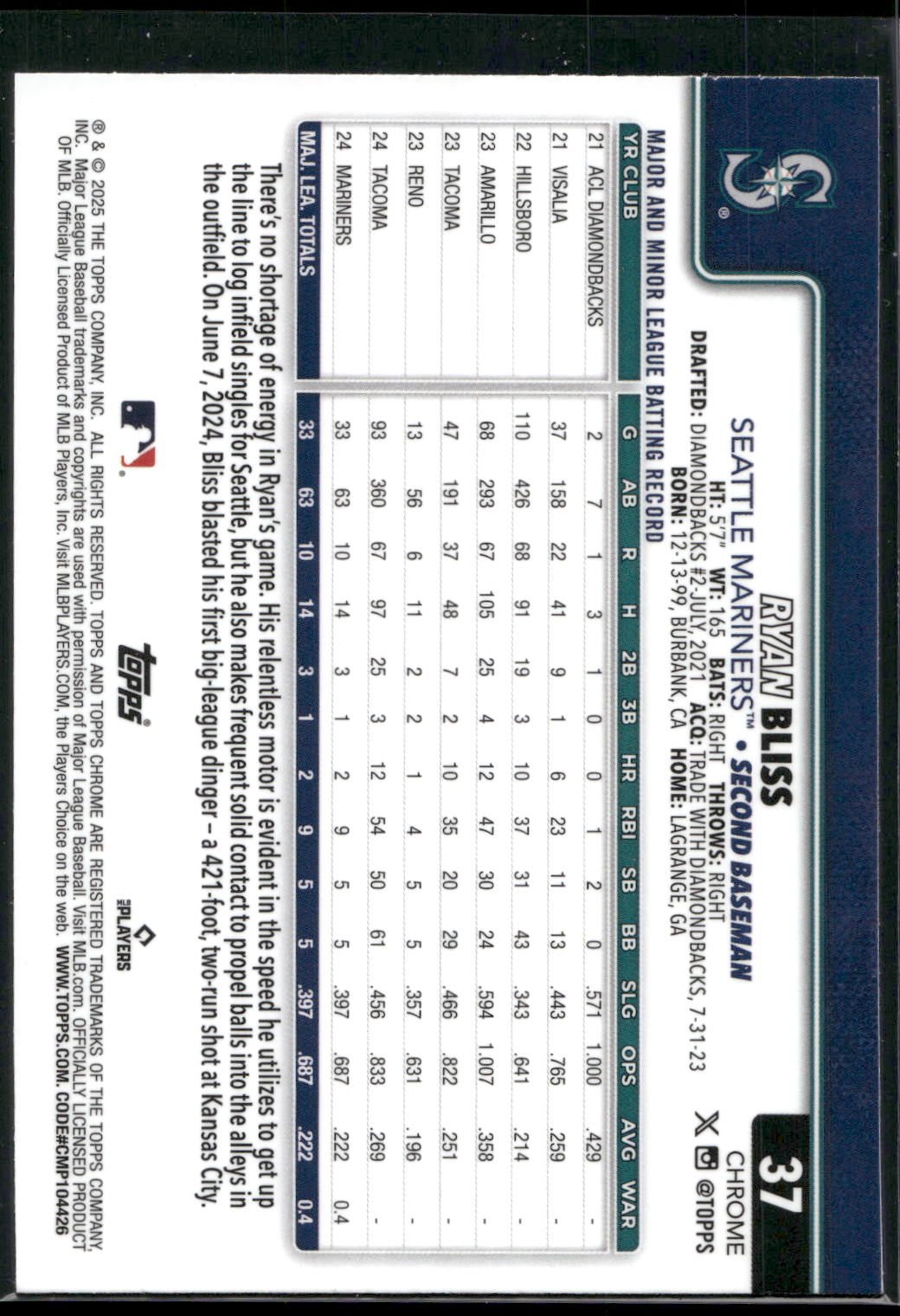 2025 Topps Chrome #37 Ryan Bliss X-Fractors