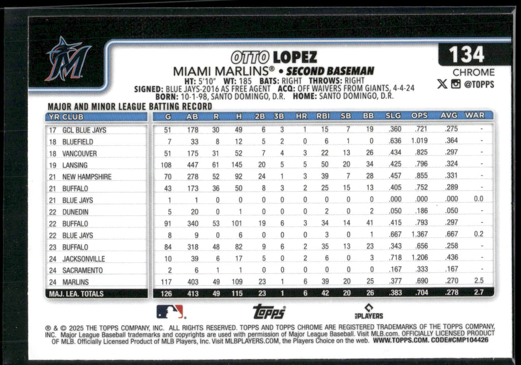 2025 Topps Chrome #134 Otto Lopez X-Fractors