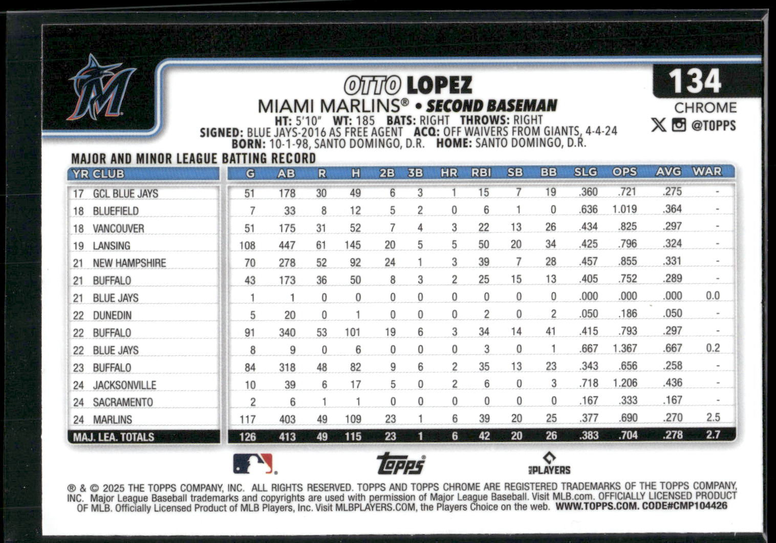 2025 Topps Chrome #134 Otto Lopez X-Fractors