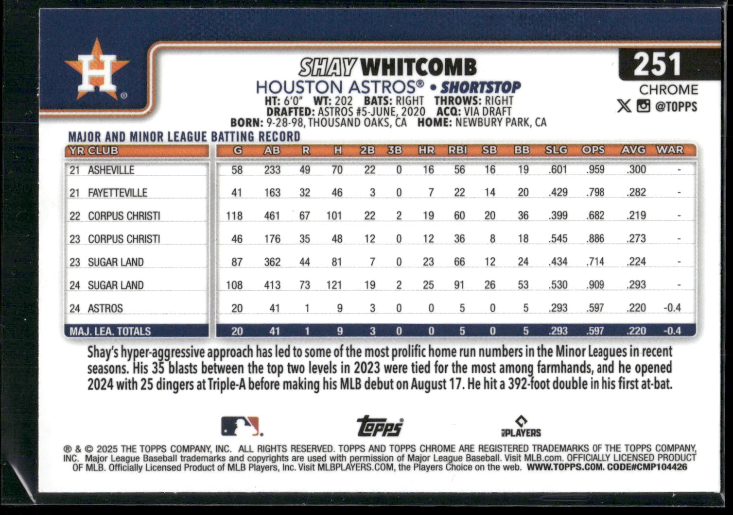 2025 Topps Chrome #251 Shay Whitcomb