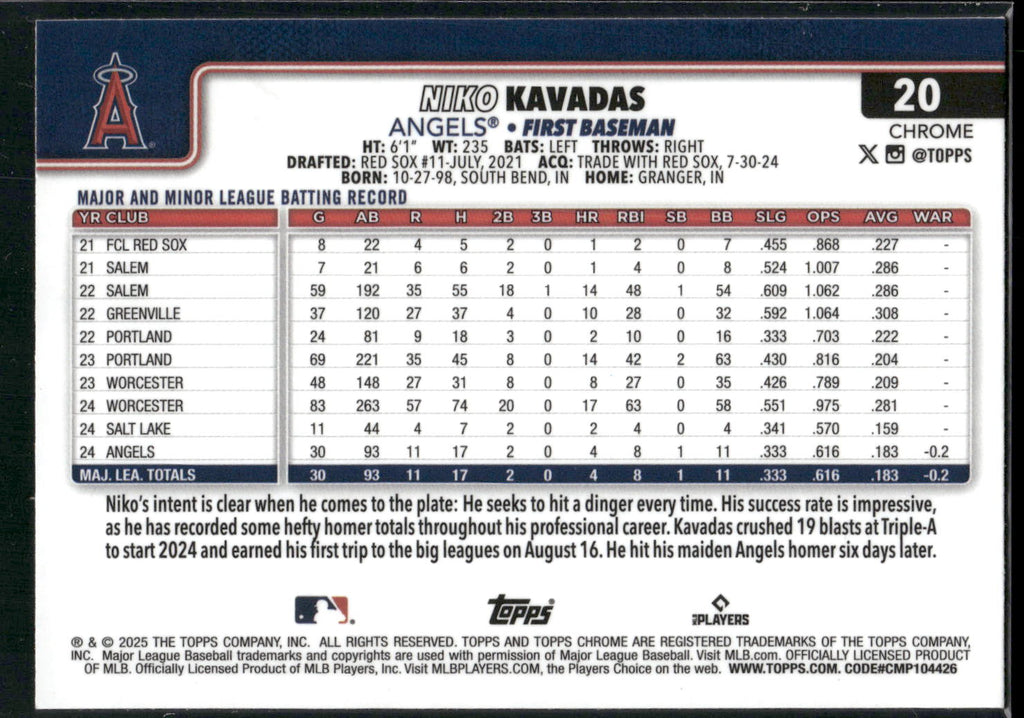 2025 Topps Chrome #20 Niko Kavadas