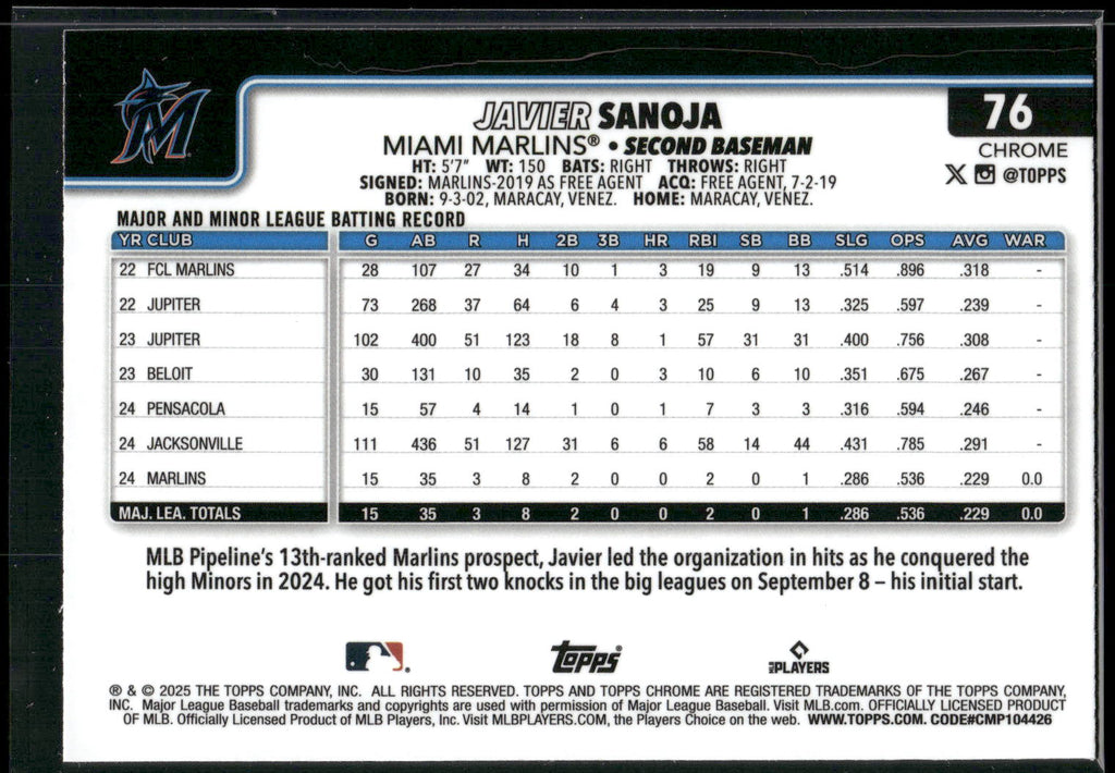 2025 Topps Chrome #76 Javier Sanoja