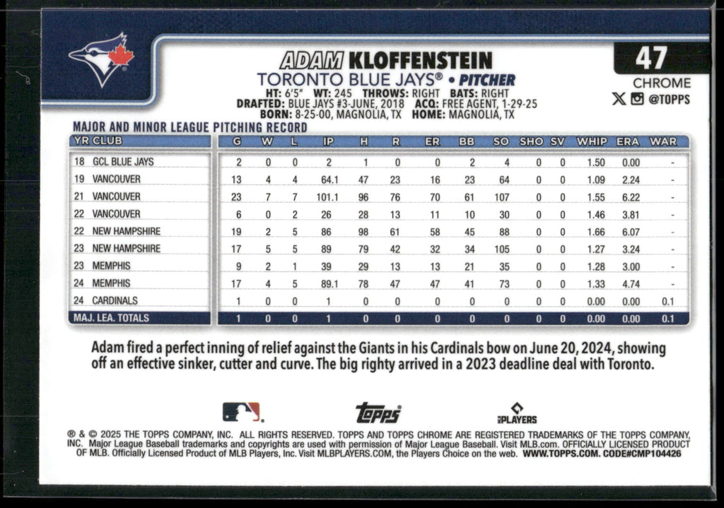 2025 Topps Chrome #47 Adam Kloffenstein