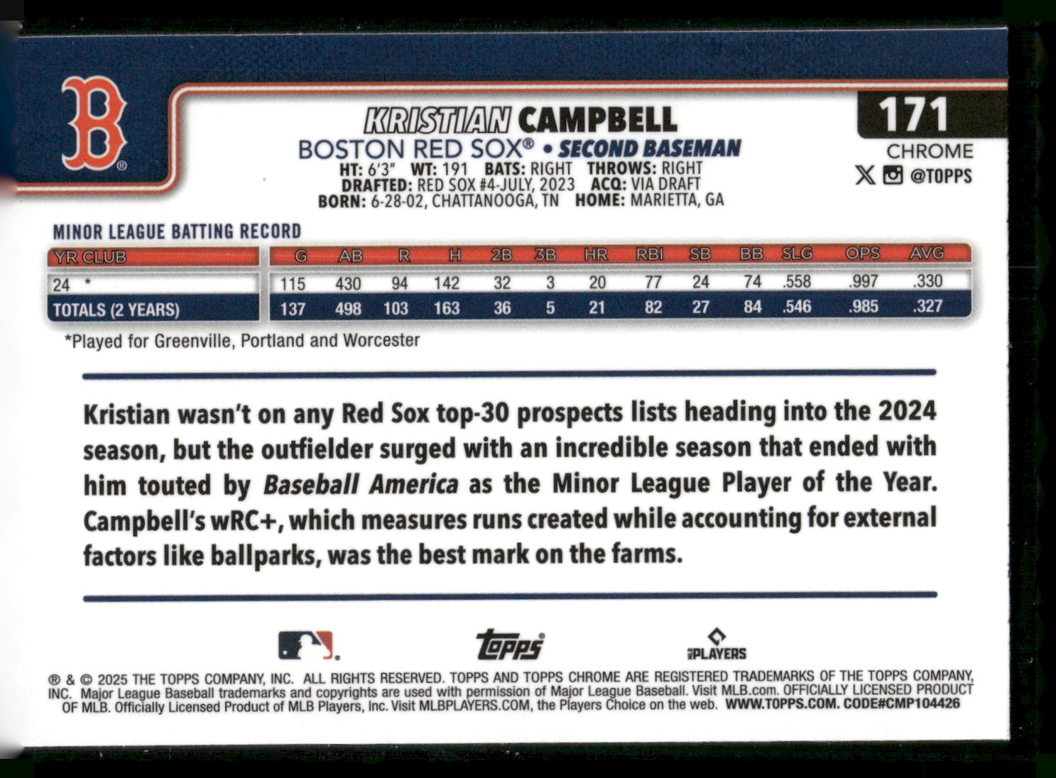 2025 Topps Chrome #171 Kristian Campbell