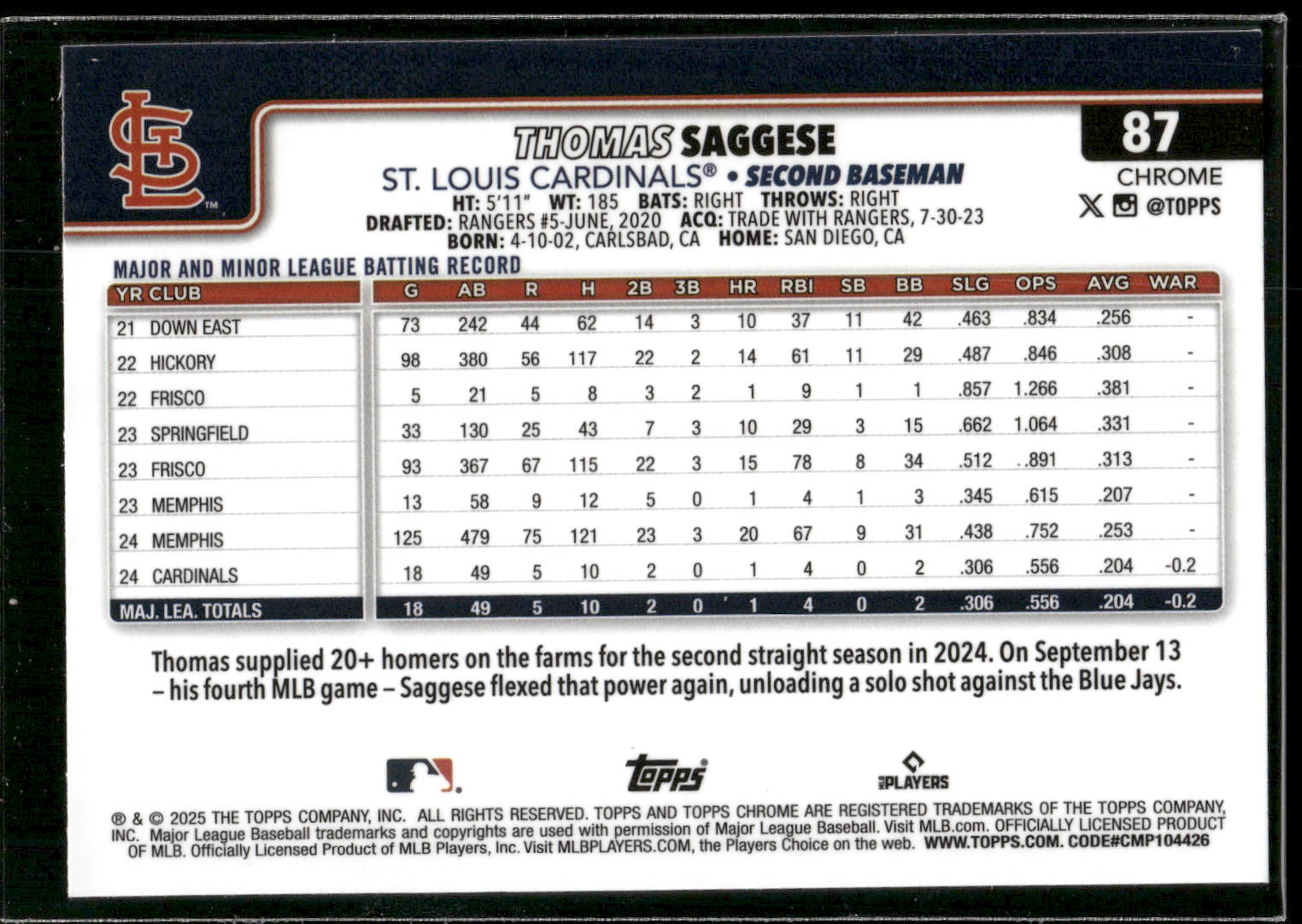2025 Topps Chrome #87 Thomas Saggese