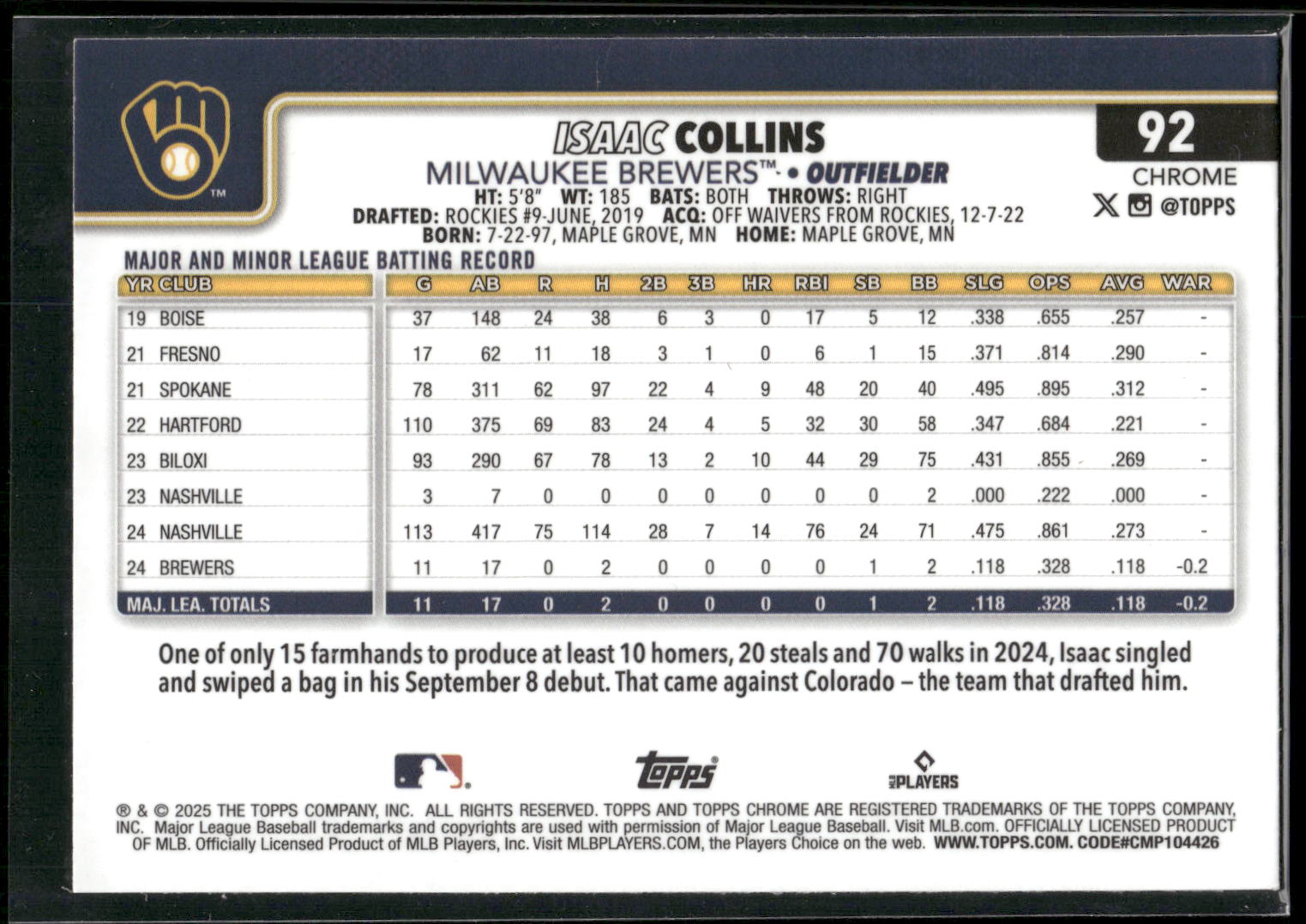 2025 Topps Chrome #92 Isaac Collins