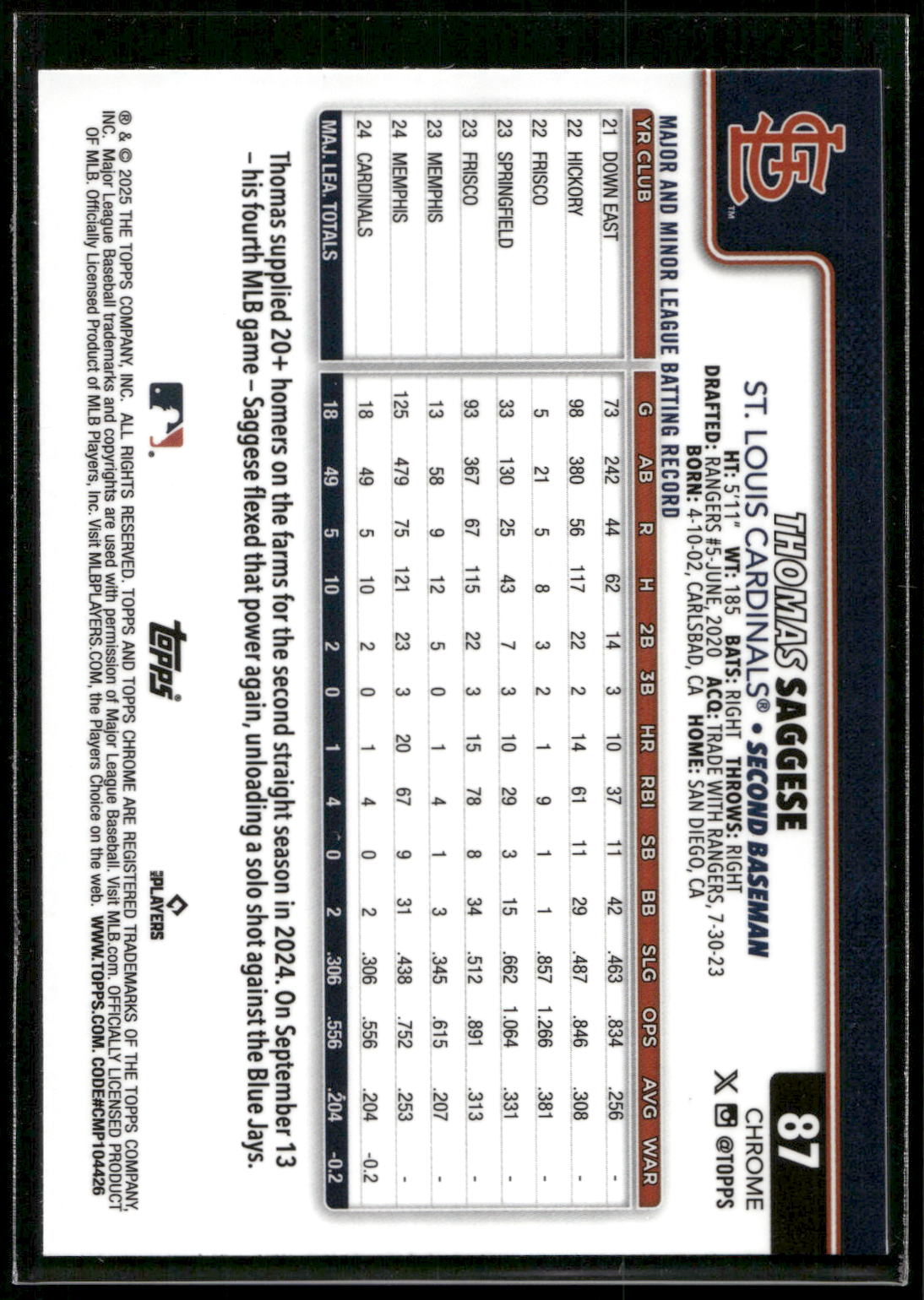 2025 Topps Chrome #87 Thomas Saggese