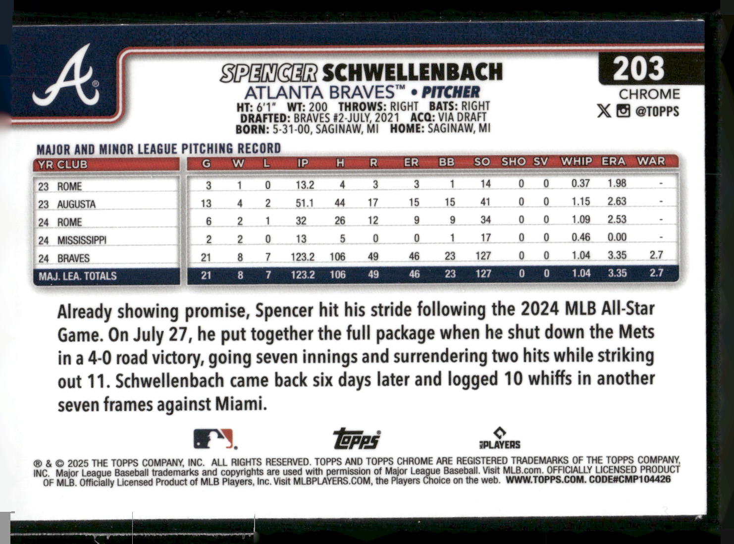 2025 Topps Chrome #203 Spencer Schwellenbach
