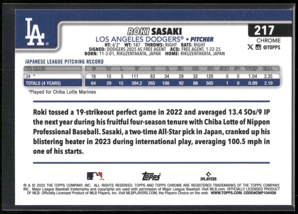 2025 Topps Chrome #217 Roki Sasaki