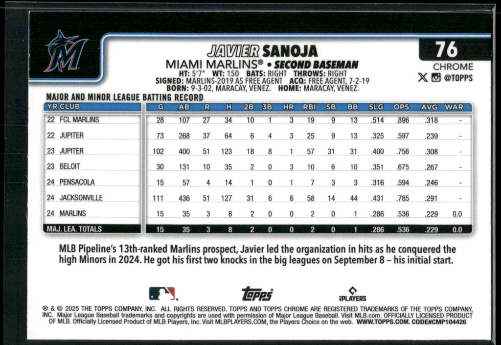 2025 Topps Chrome #76 Javier Sanoja