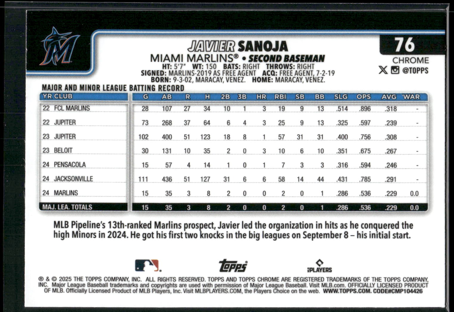 2025 Topps Chrome #76 Javier Sanoja