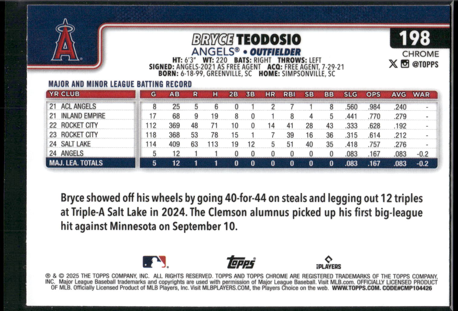 2025 Topps Chrome #198 Bryce Teodosio
