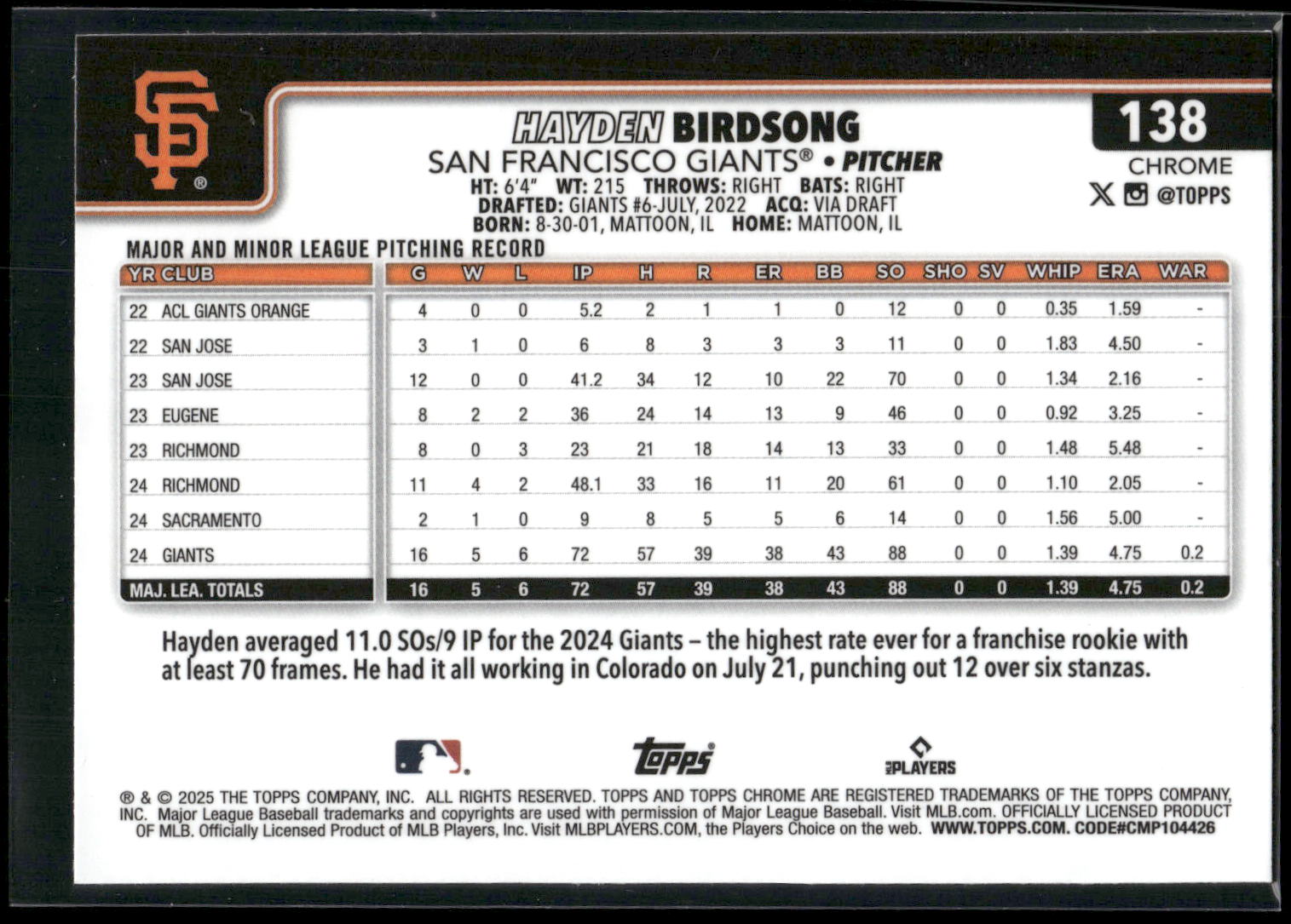 2025 Topps Chrome #138 Hayden Birdsong