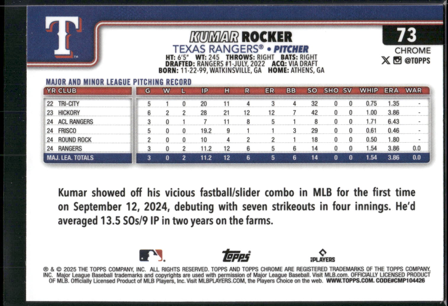 2025 Topps Chrome #73 Kumar Rocker