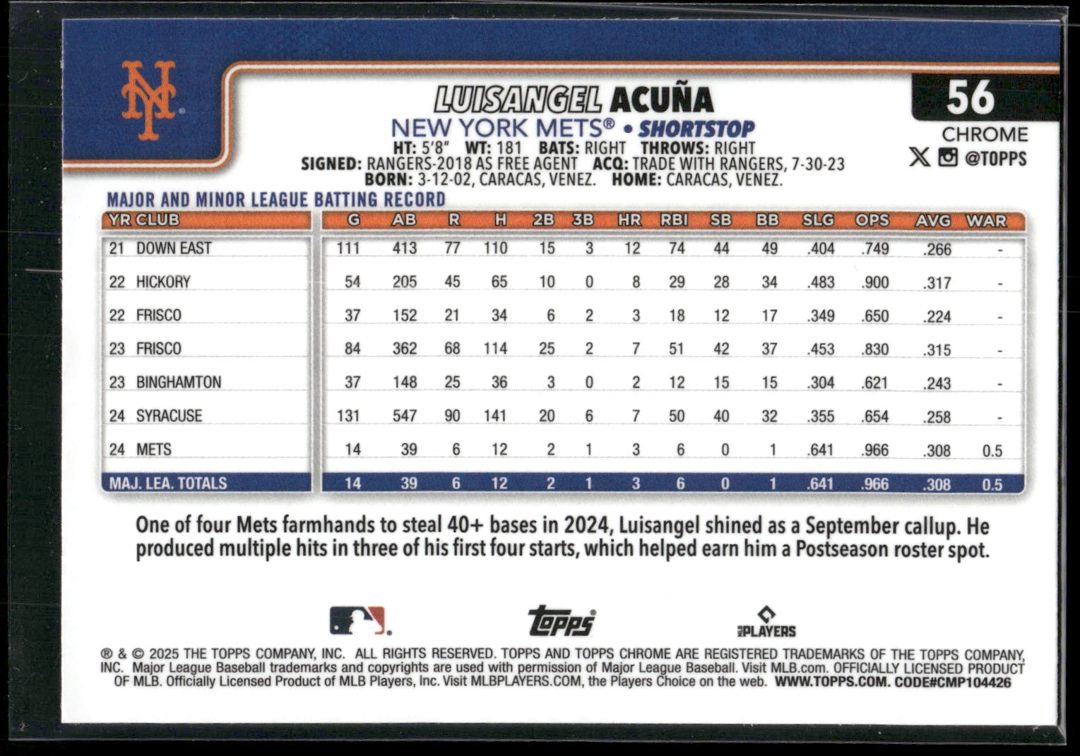 2025 Topps Chrome #56 Luisangel Acuña