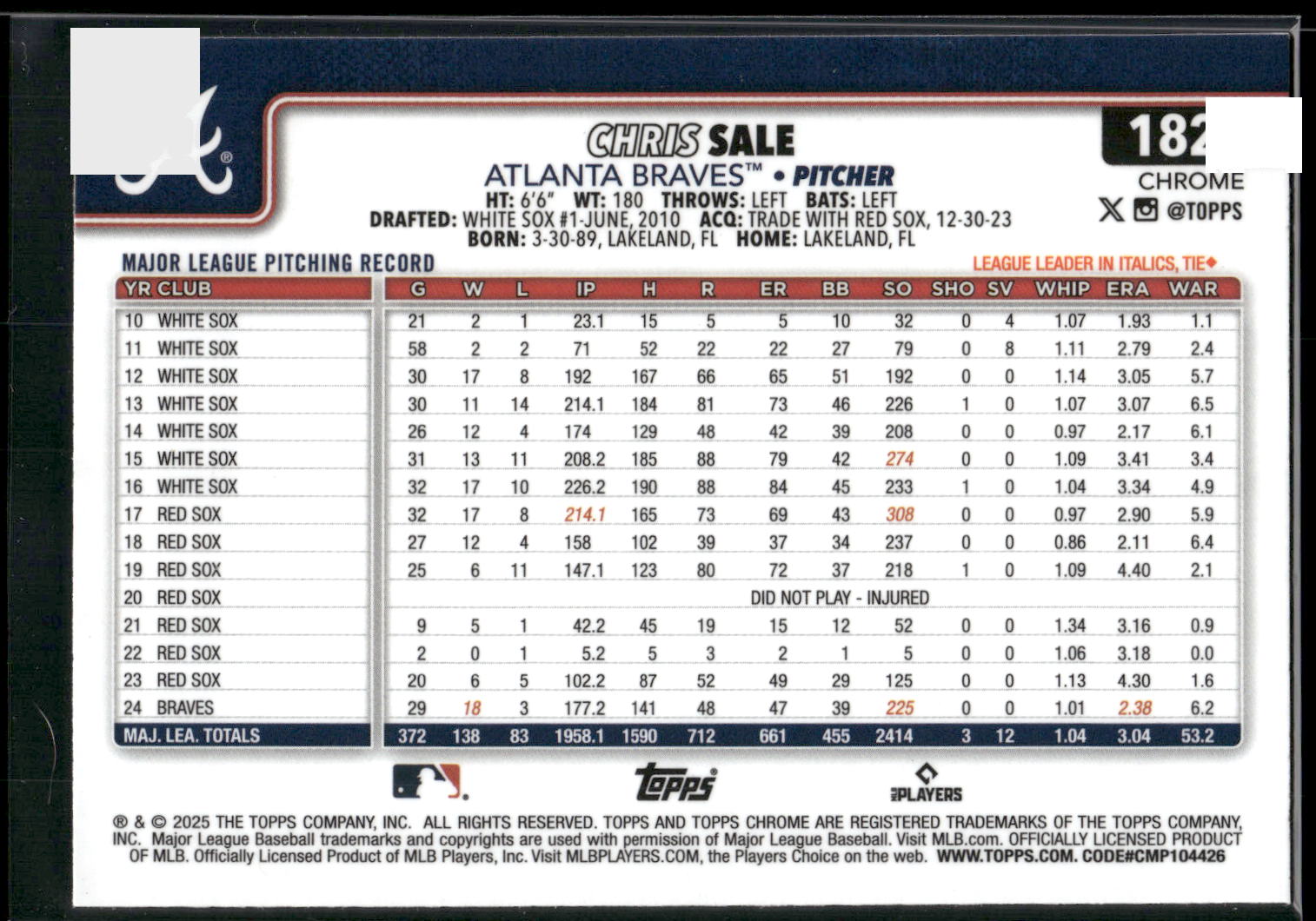 2025 Topps Chrome #182 Chris Sale