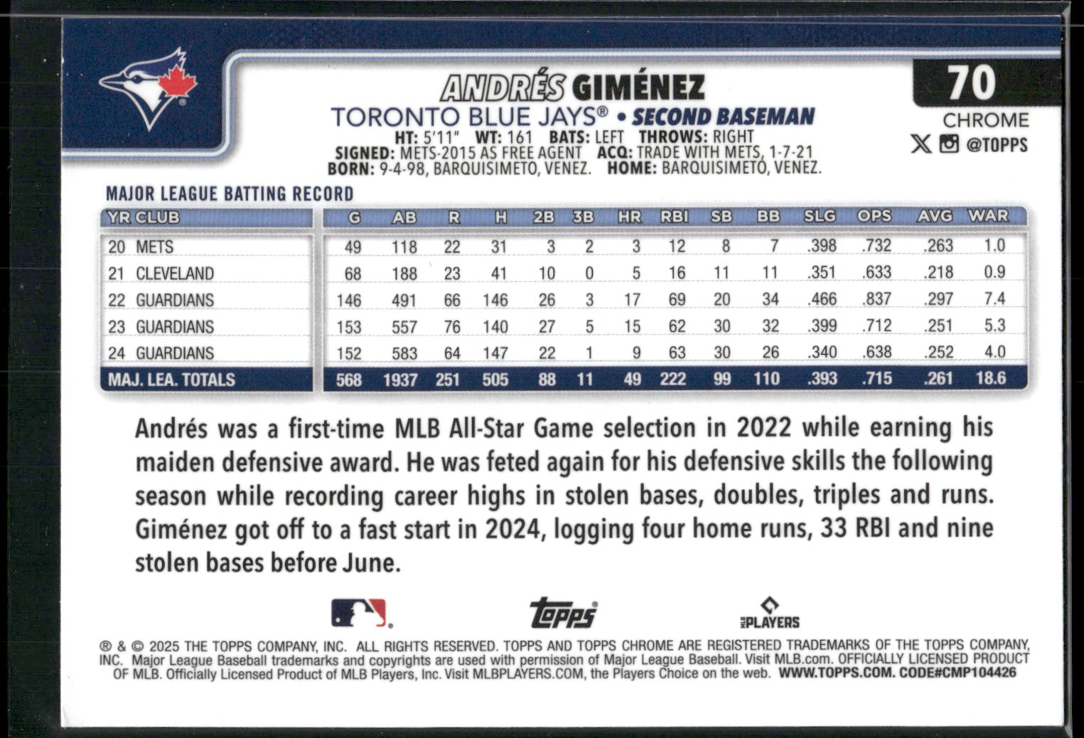 2025 Topps Chrome #70 Andrés Giménez