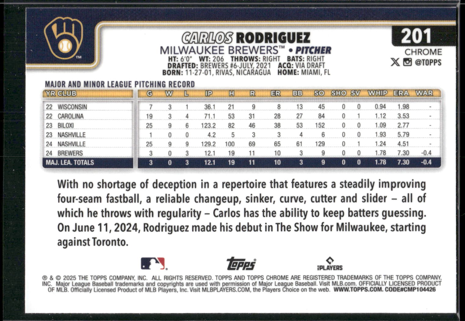 2025 Topps Chrome #201 Carlos Rodriguez
