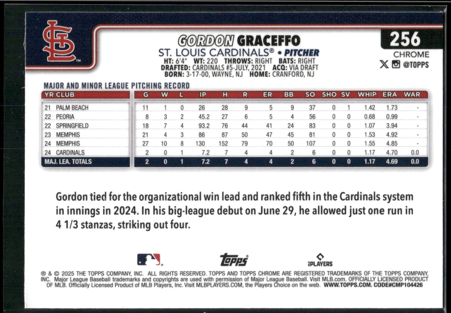 2025 Topps Chrome #256 Gordon Graceffo