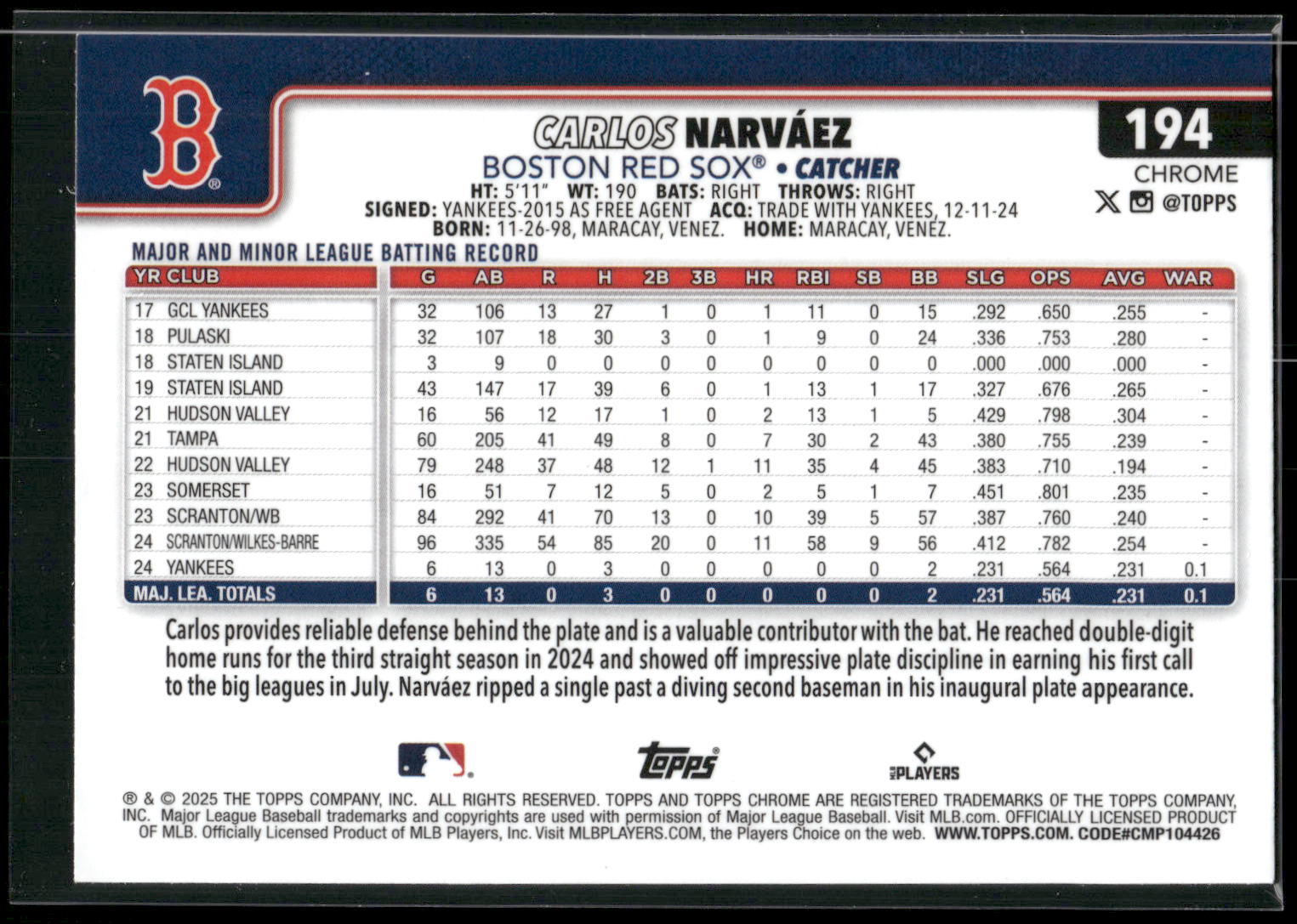 2025 Topps Chrome #194 Carlos Narváez