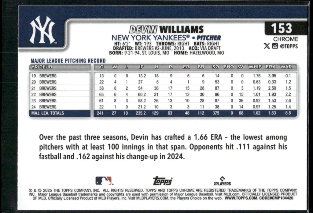 2025 Topps Chrome #153 Devin Williams
