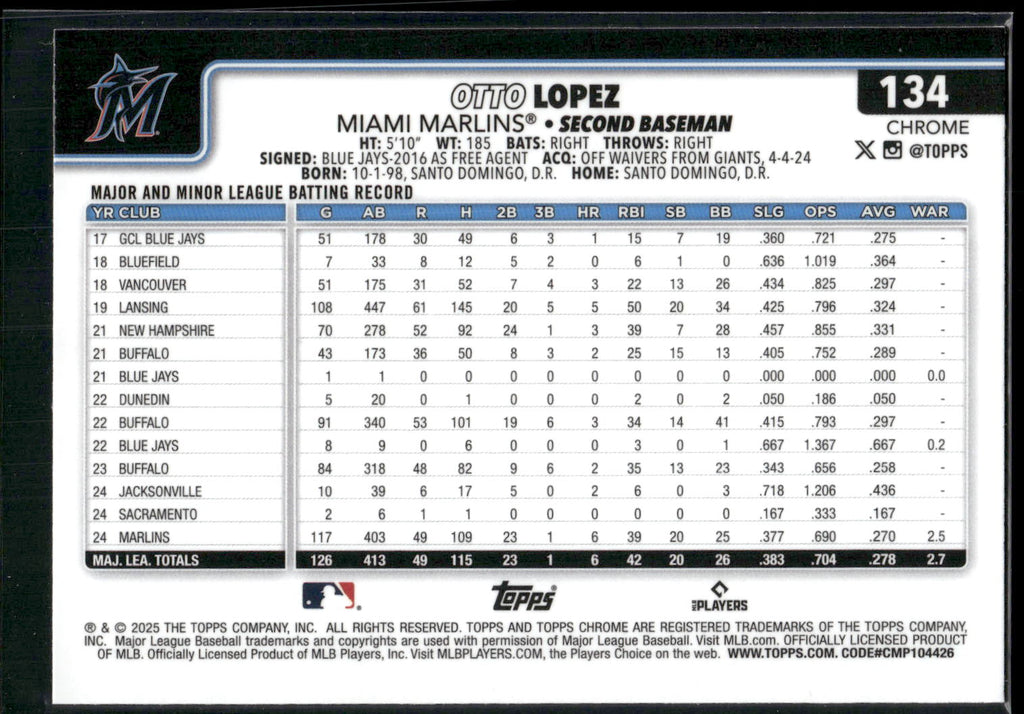 2025 Topps Chrome #134 Otto Lopez