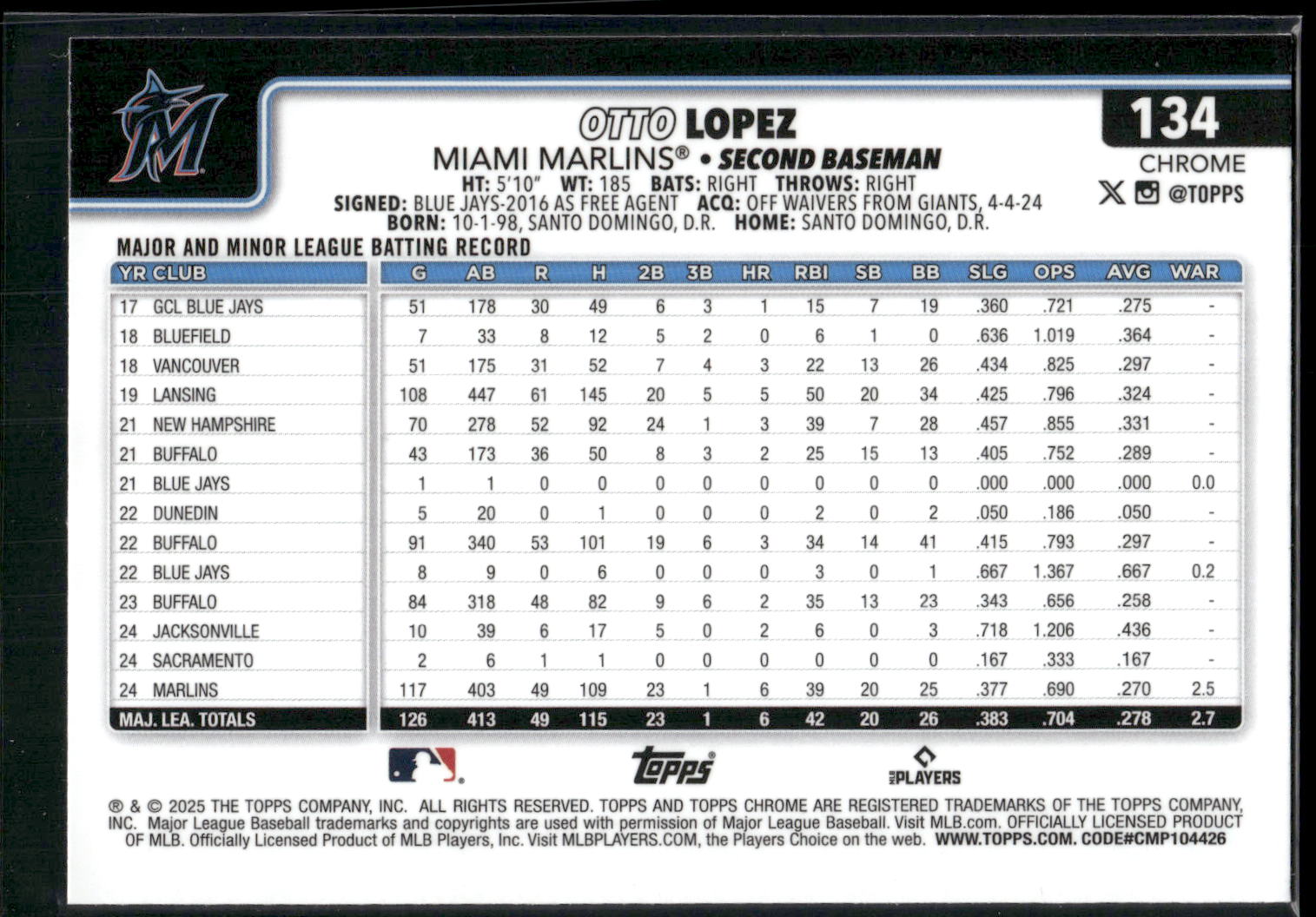 2025 Topps Chrome #134 Otto Lopez