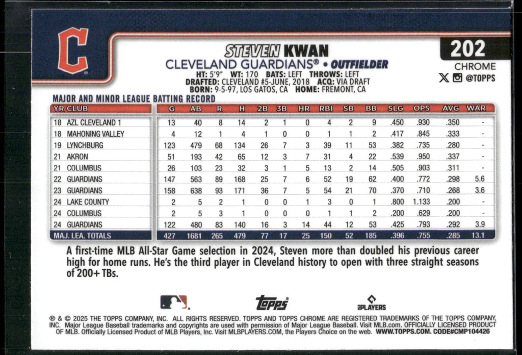 2025 Topps Chrome #202 Steven Kwan