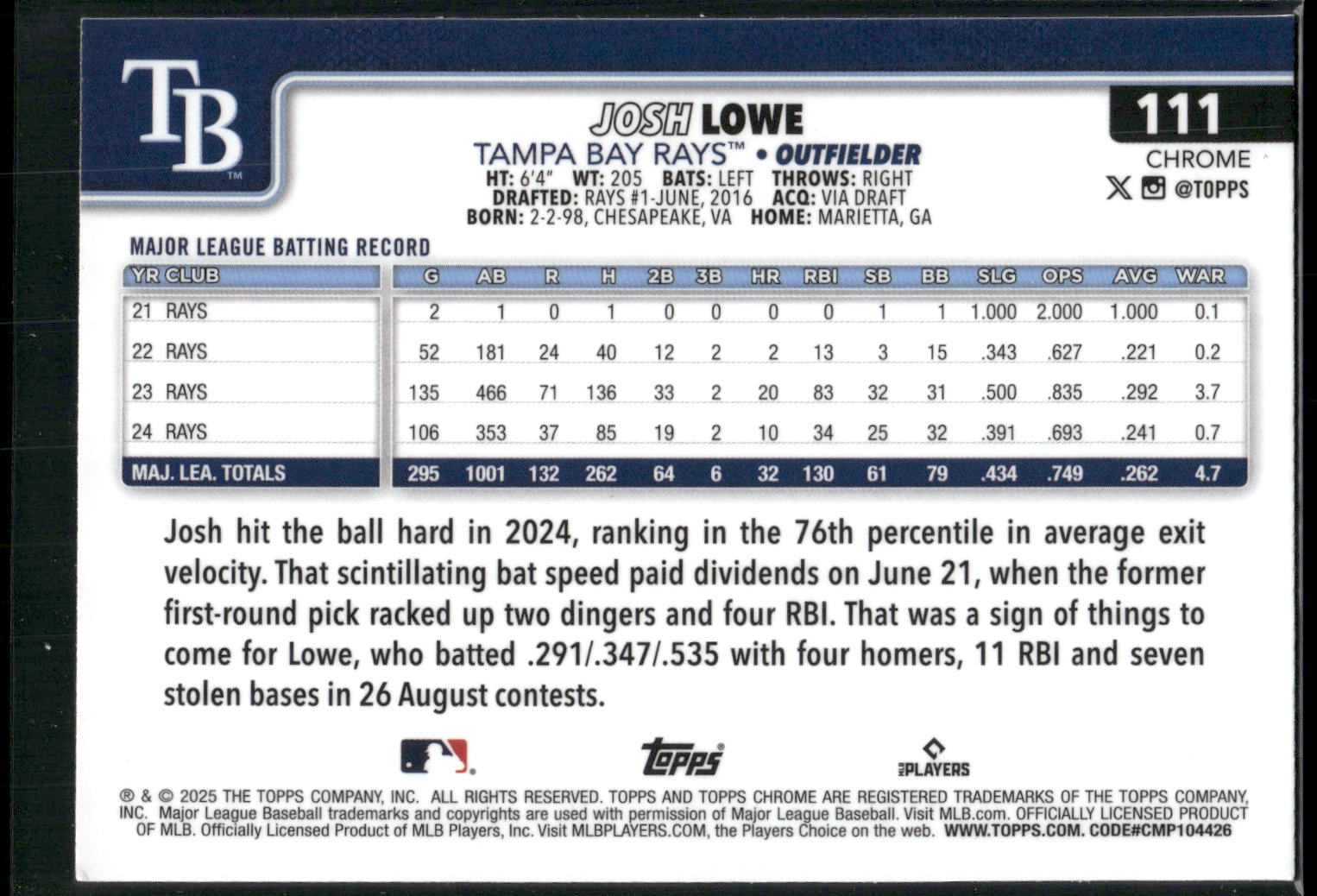 2025 Topps Chrome #111 Josh Lowe