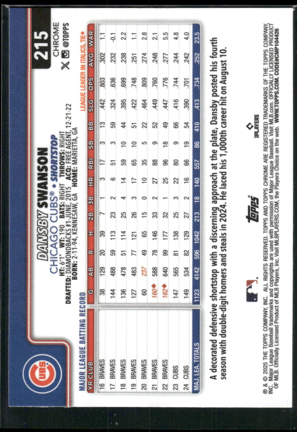 2025 Topps Chrome #215 Dansby Swanson