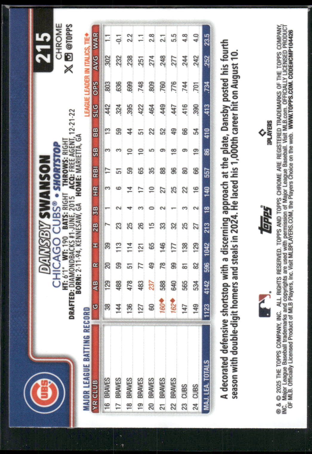 2025 Topps Chrome #215 Dansby Swanson