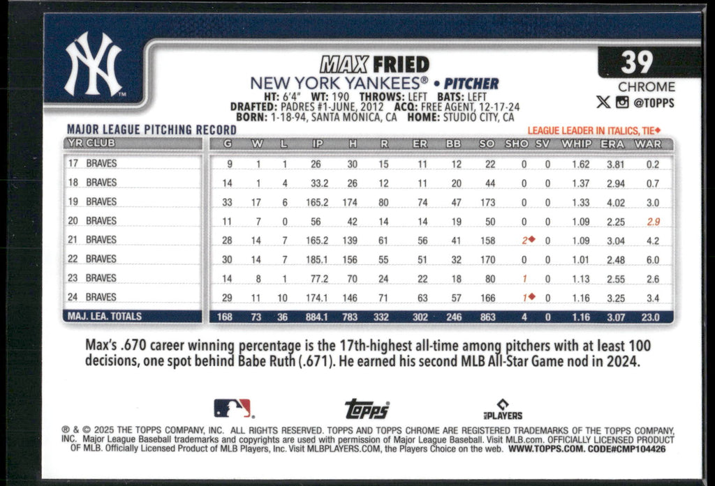 2025 Topps Chrome #39 Max Fried