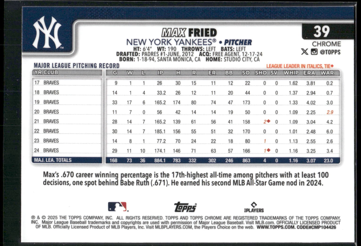 2025 Topps Chrome #39 Max Fried