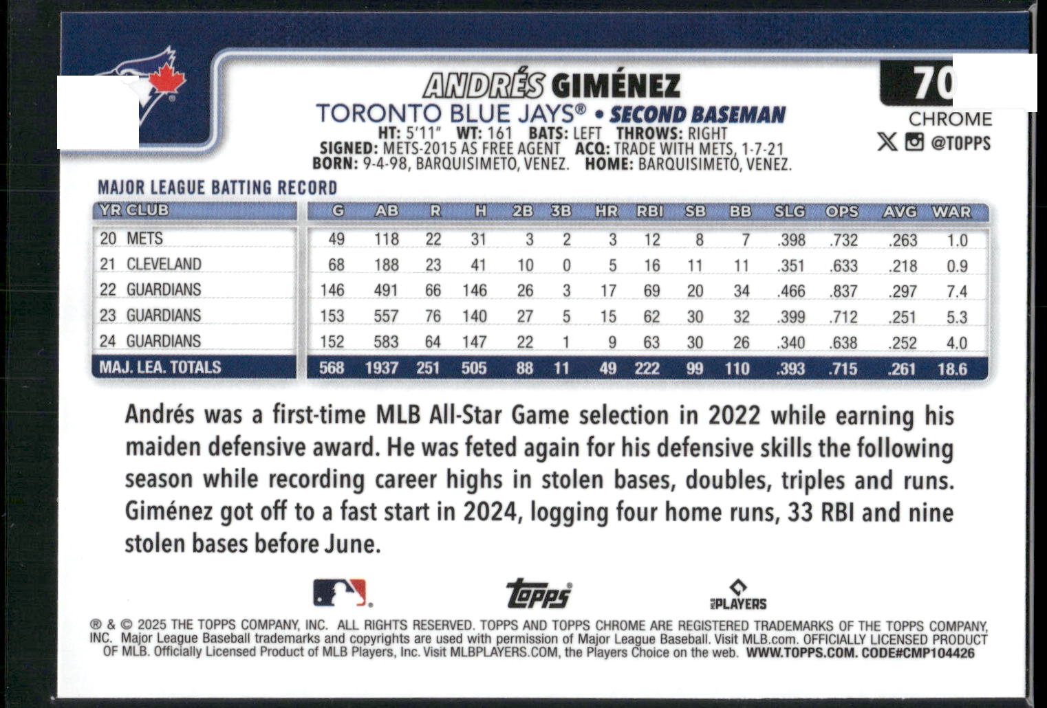 2025 Topps Chrome #70 Andrés Giménez