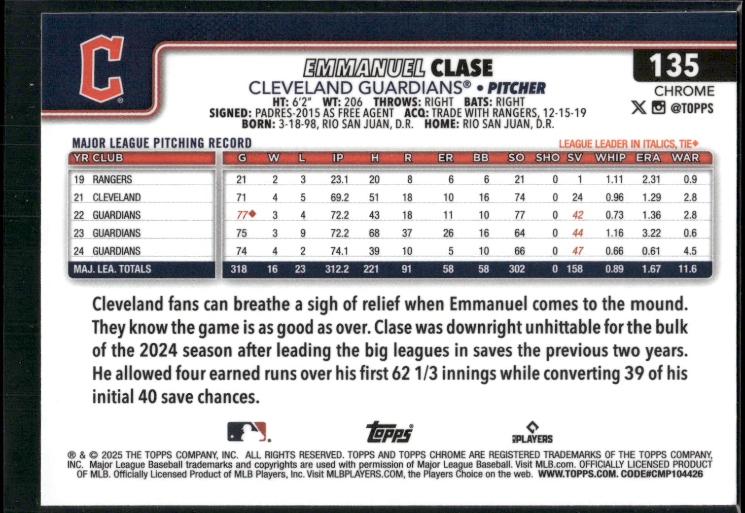 2025 Topps Chrome #135 Emmanuel Clase