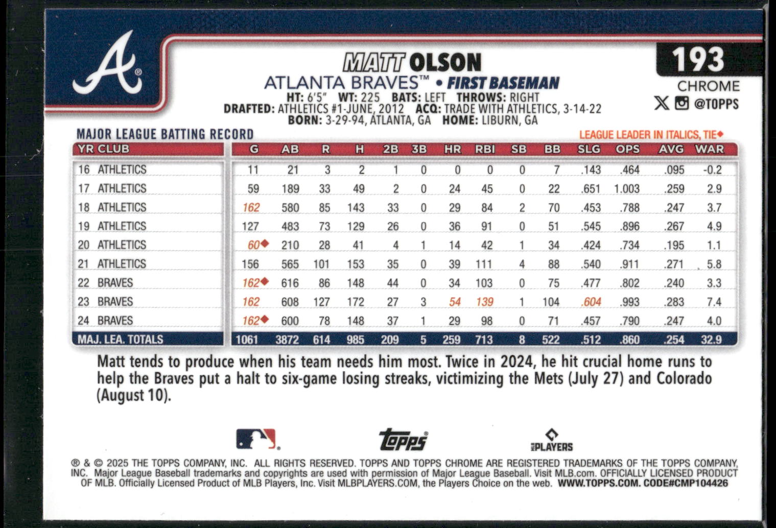 2025 Topps Chrome #193 Matt Olson