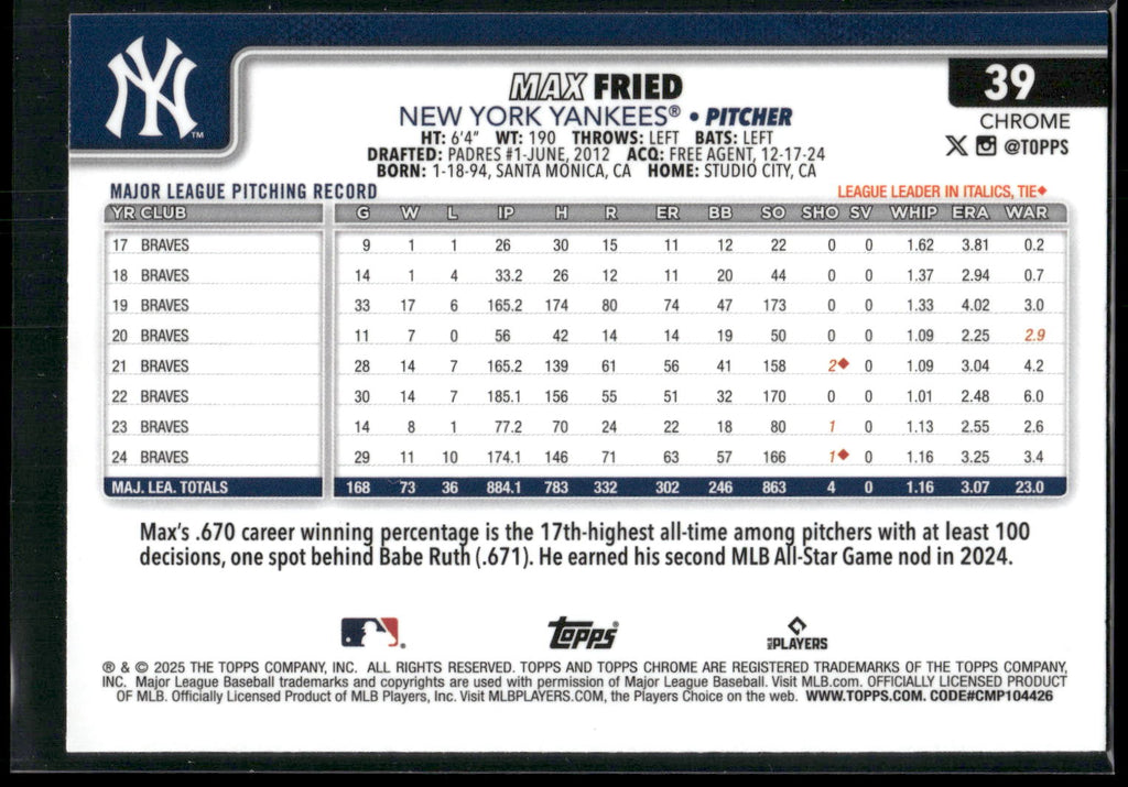2025 Topps Chrome #39 Max Fried