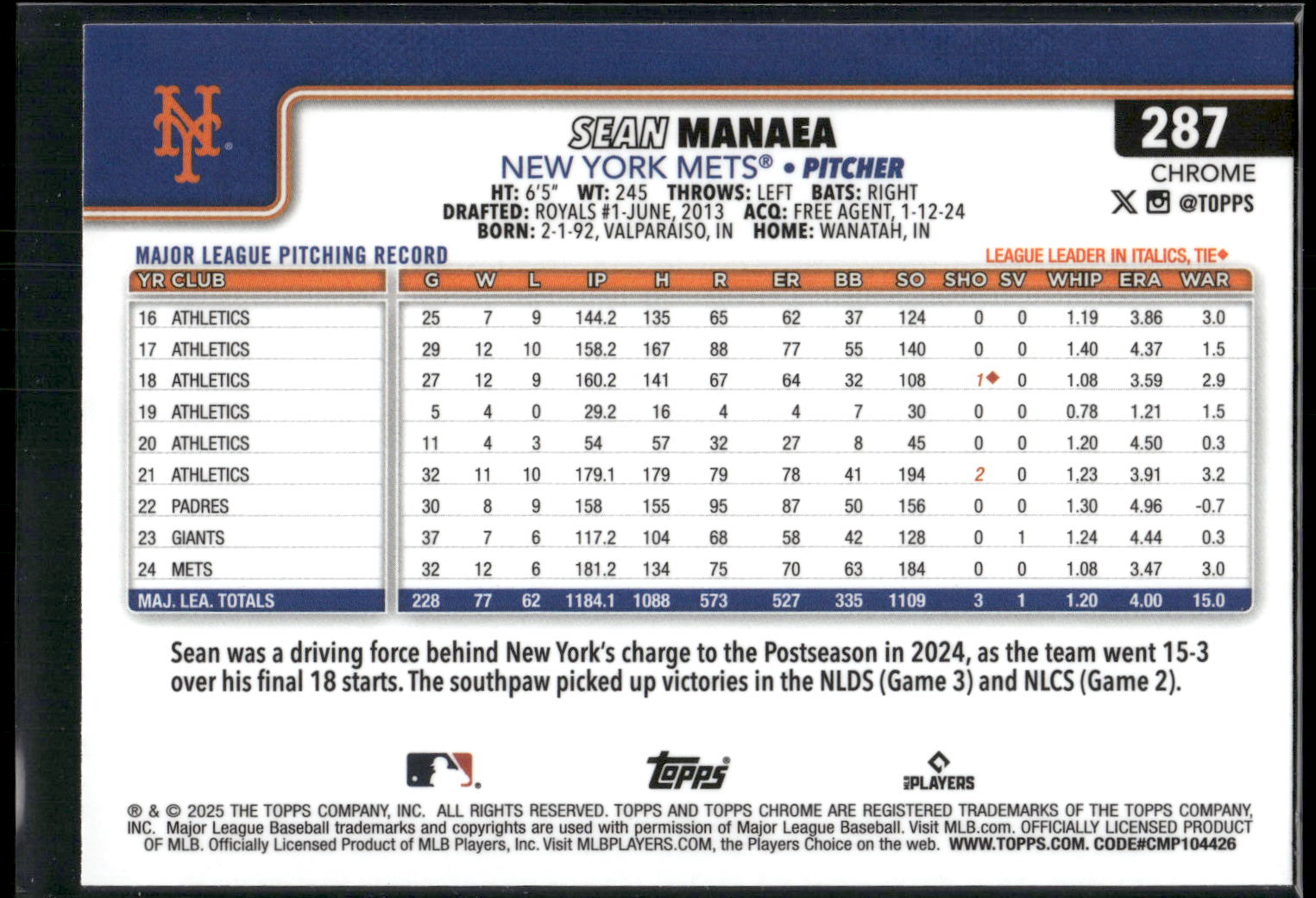 2025 Topps Chrome #287 Sean Manaea