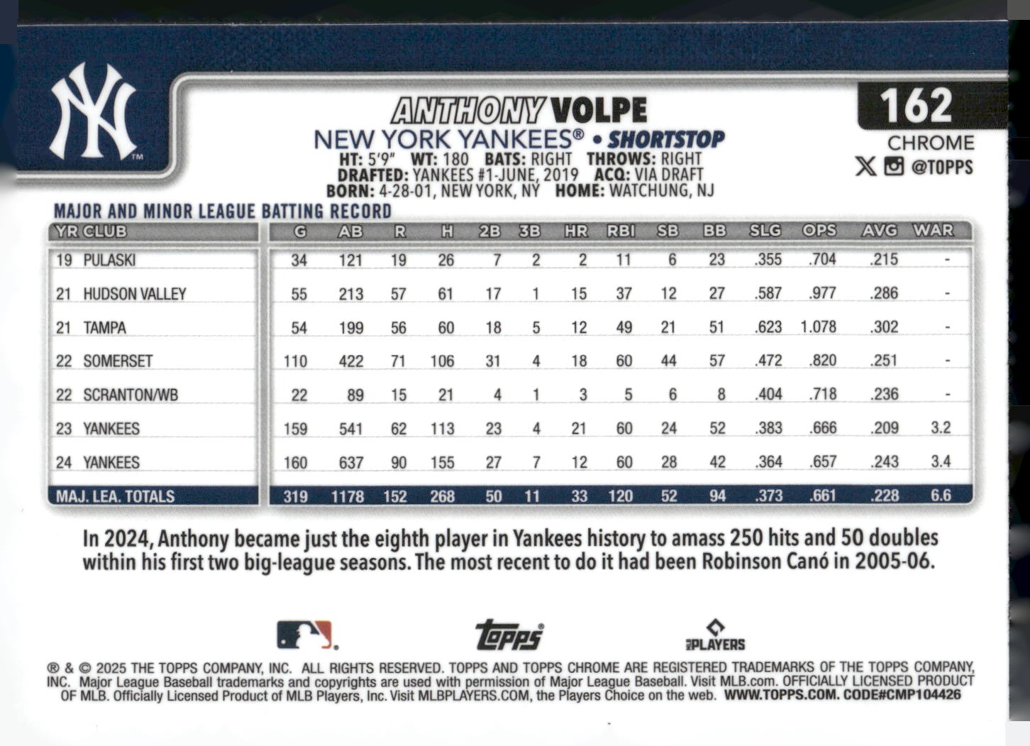 2025 Topps Chrome #162 Anthony Volpe