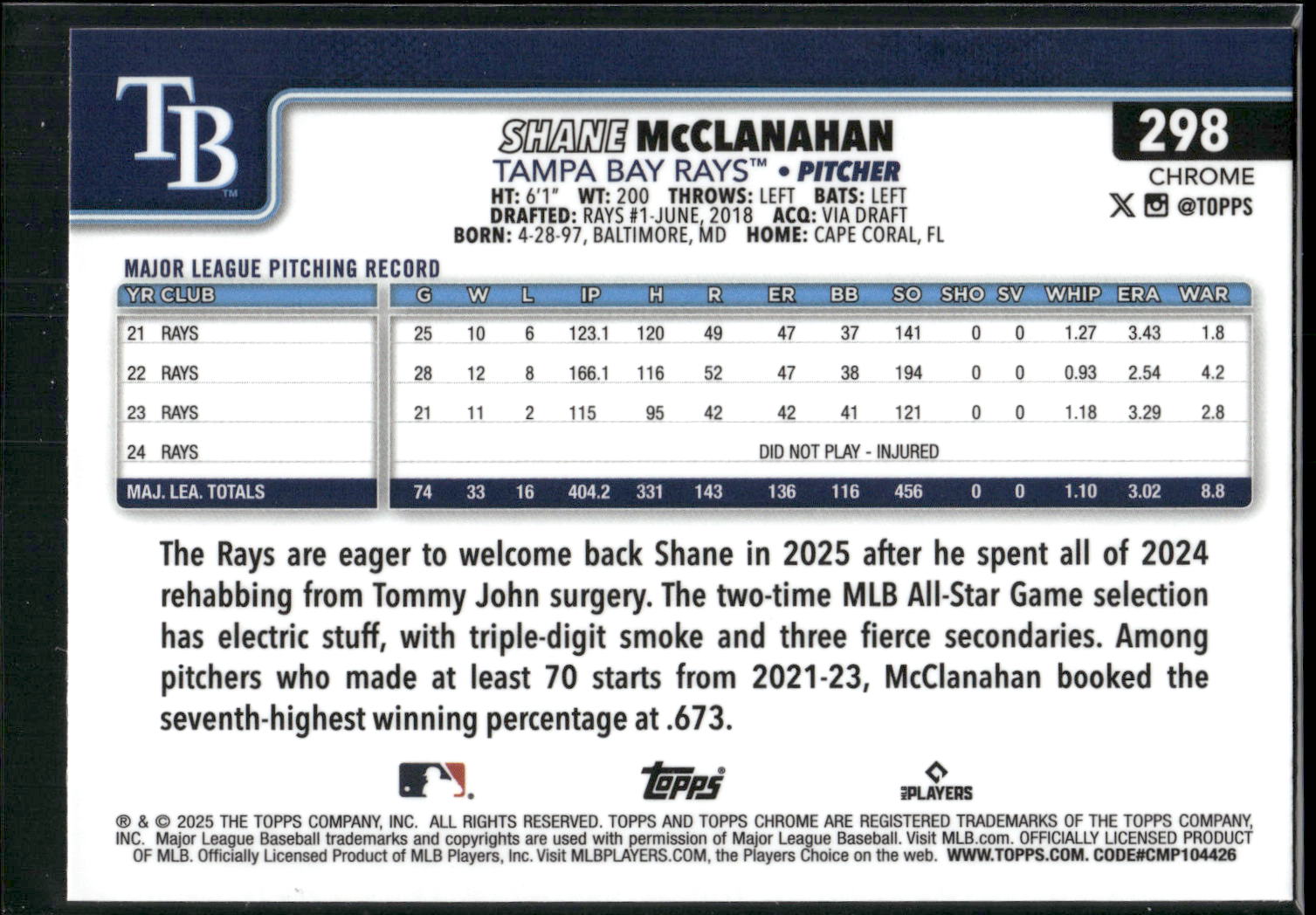 2025 Topps Chrome #298 Shane McClanahan