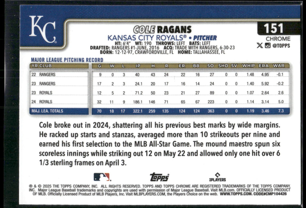 2025 Topps Chrome #151 Cole Ragans