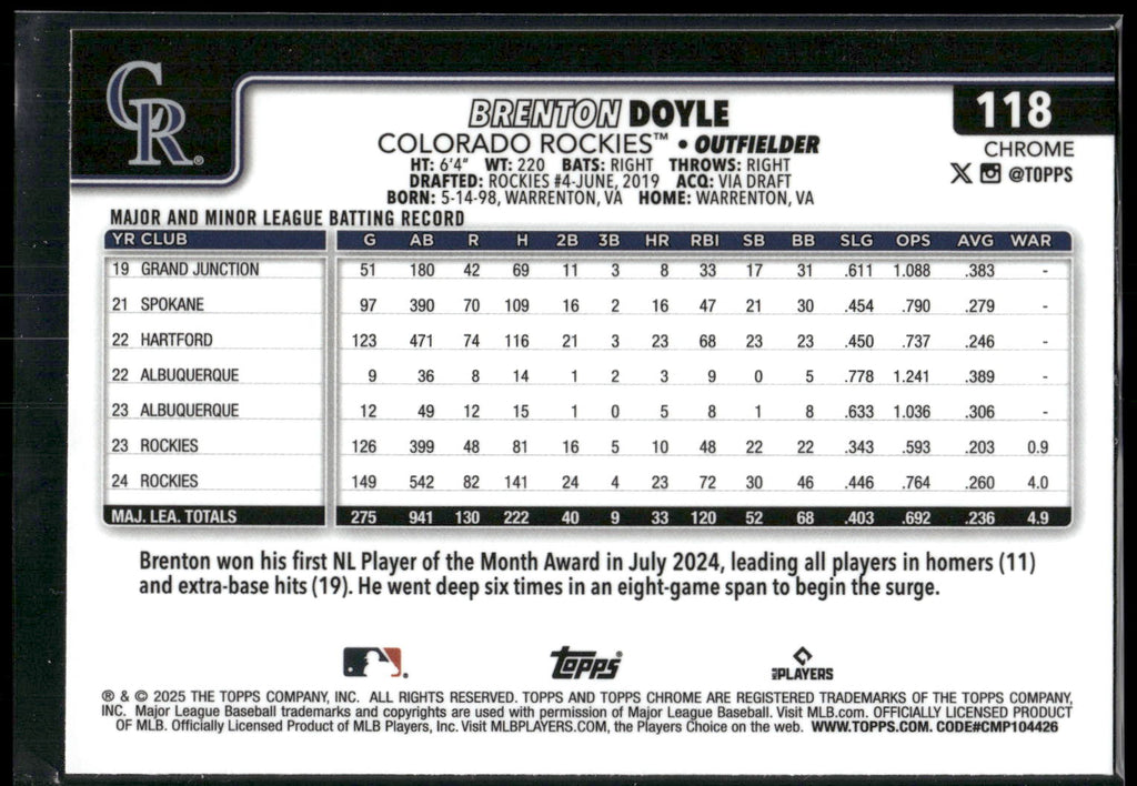 2025 Topps Chrome #118 Brenton Doyle
