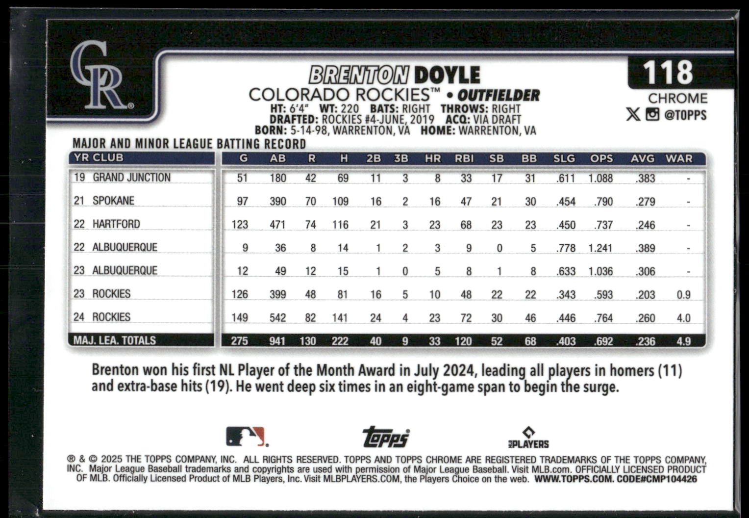 2025 Topps Chrome #118 Brenton Doyle