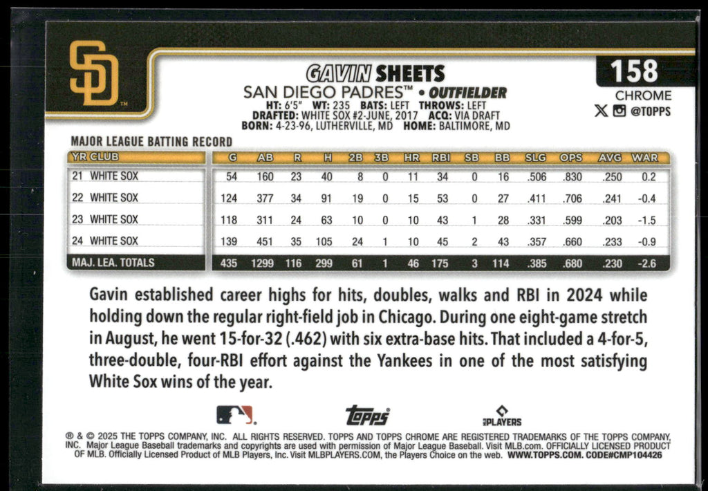 2025 Topps Chrome #158 Gavin Sheets